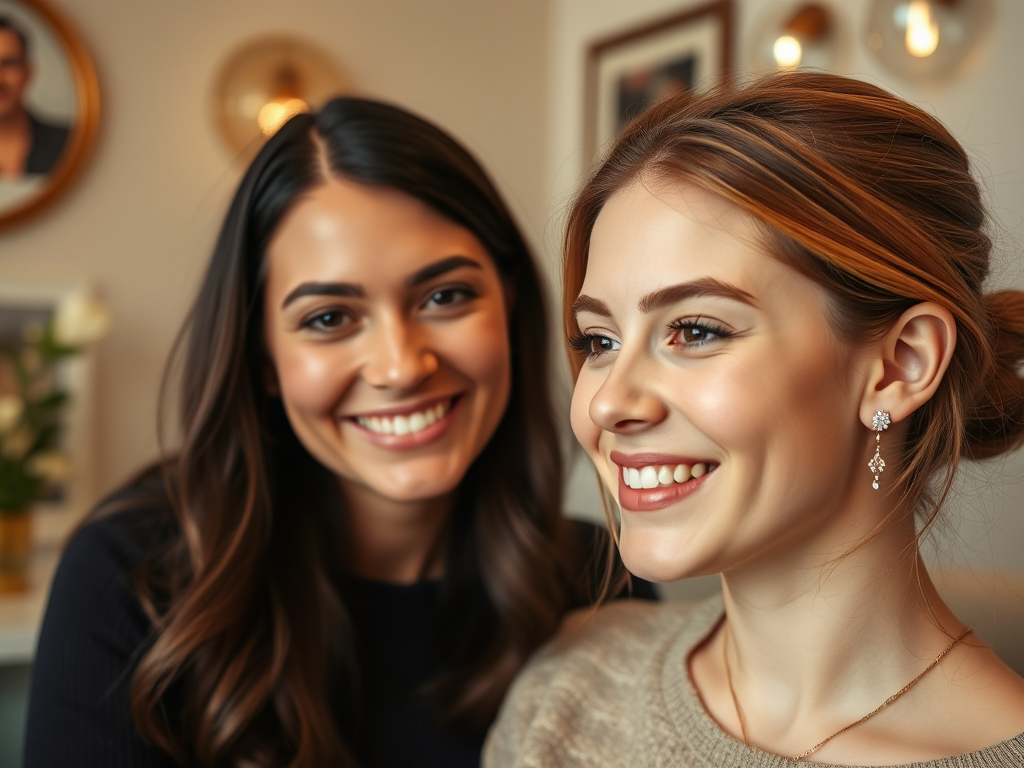 "a warm, intimate piercing studio" "mother and daughter smiling together" "delicate 14K gold earrings with sparkling zirconia" "soft golden lighting" "gentle, caring atmosphere"