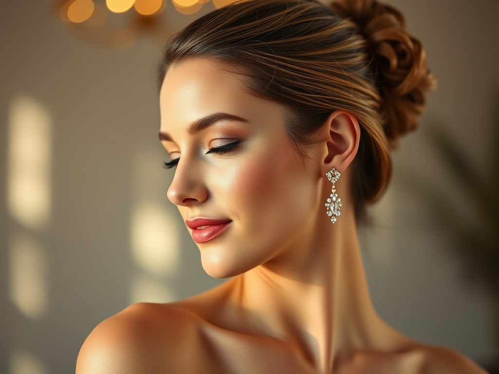 "Elegant young woman" "wearing 14K gold earrings with sparkling zirconia" "piercing studio ambiance" "soft glowing light" "symbols of prana energy flow" "calm, balanced atmosphere"