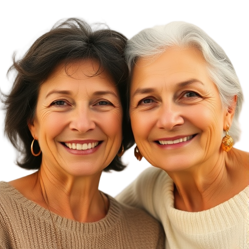 A smiling woman and her mother, warm golden lighting, elegant 14K gold earrings, cozy relaxed atmosphere, white background.