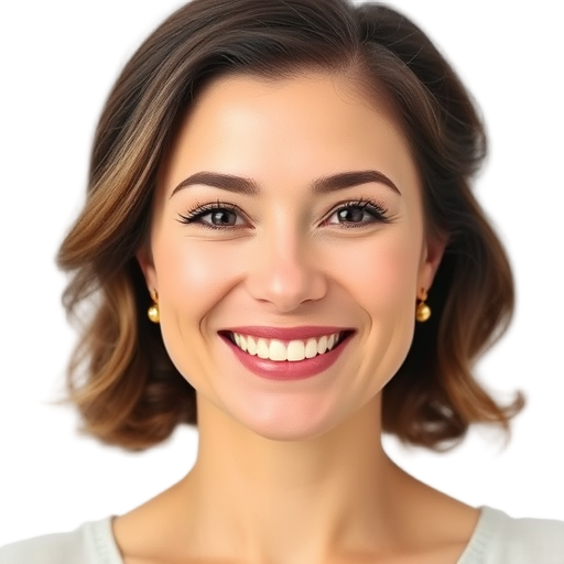 A smiling woman with delicate 14K gold earrings, soft lighting, white background, radiant joy, subtle makeup, elegant hairstyle, celebrating Mother's Day.