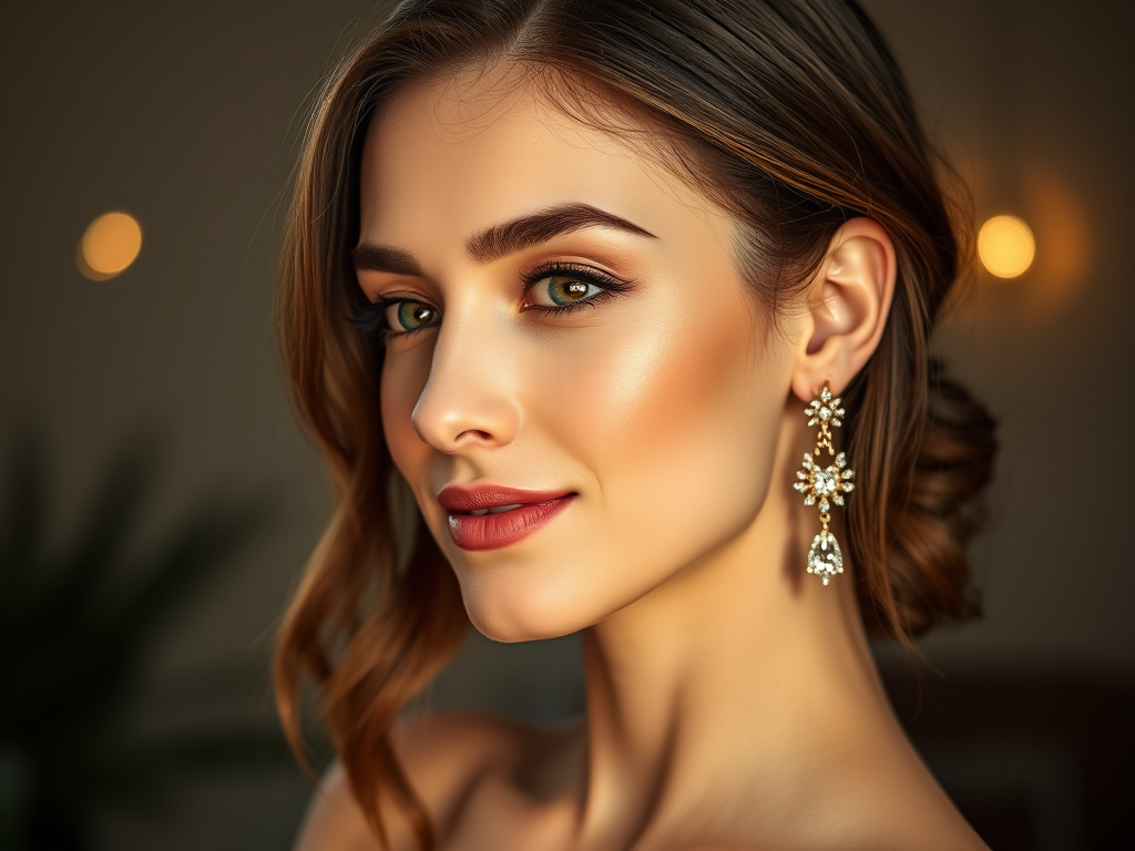 "Elegant young woman" "wearing 14K gold earrings with sparkling zirconia" "piercing studio ambiance" "soft glowing light" "symbols of prana energy flow" "calm, balanced atmosphere"