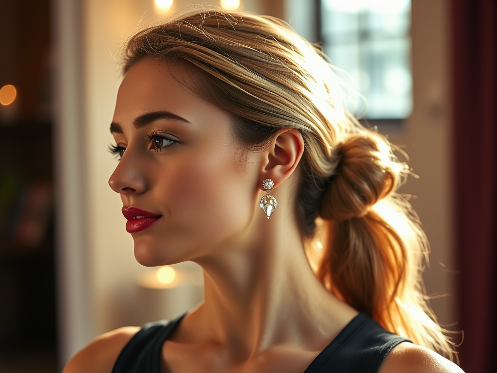 "Elegant young woman" "wearing 14K gold earrings with sparkling zirconia" "piercing studio ambiance" "soft glowing light" "symbols of prana energy flow" "calm, balanced atmosphere"
