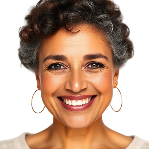 A smiling middle-aged woman with golden earrings, soft lighting, warm expression, white background, natural makeup, short curly hair.