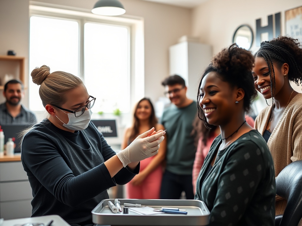 A bright studio with a calm piercer fitting high-quality jewelry on a client’s ear, sterile tools on tray, warm natural light, diverse customers smiling.