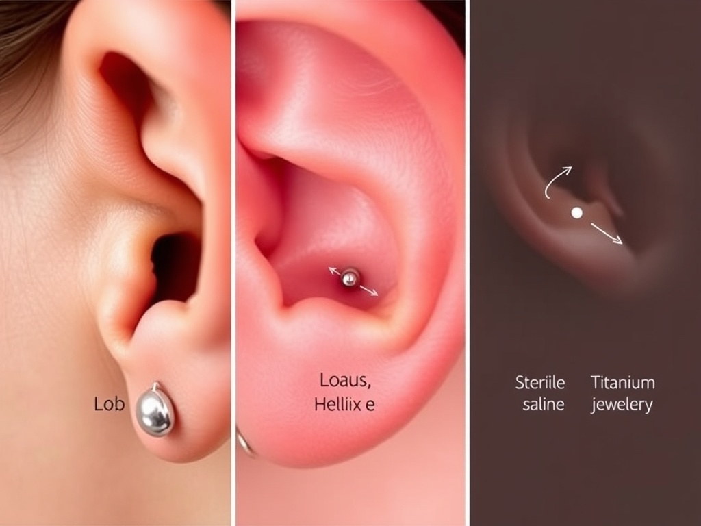 "Triptych close-up ear anatomy, showing lobe, helix, tragus, with sterile saline, titanium jewelry materials, and a piercer mapping placement dots on skin." You MAY only use up to 25 words.
