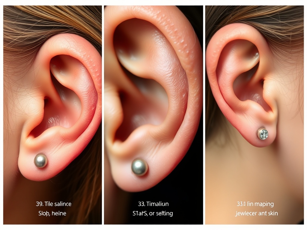 "Triptych close-up ear anatomy, showing lobe, helix, tragus, with sterile saline, titanium jewelry materials, and a piercer mapping placement dots on skin." You MAY only use up to 25 words.
