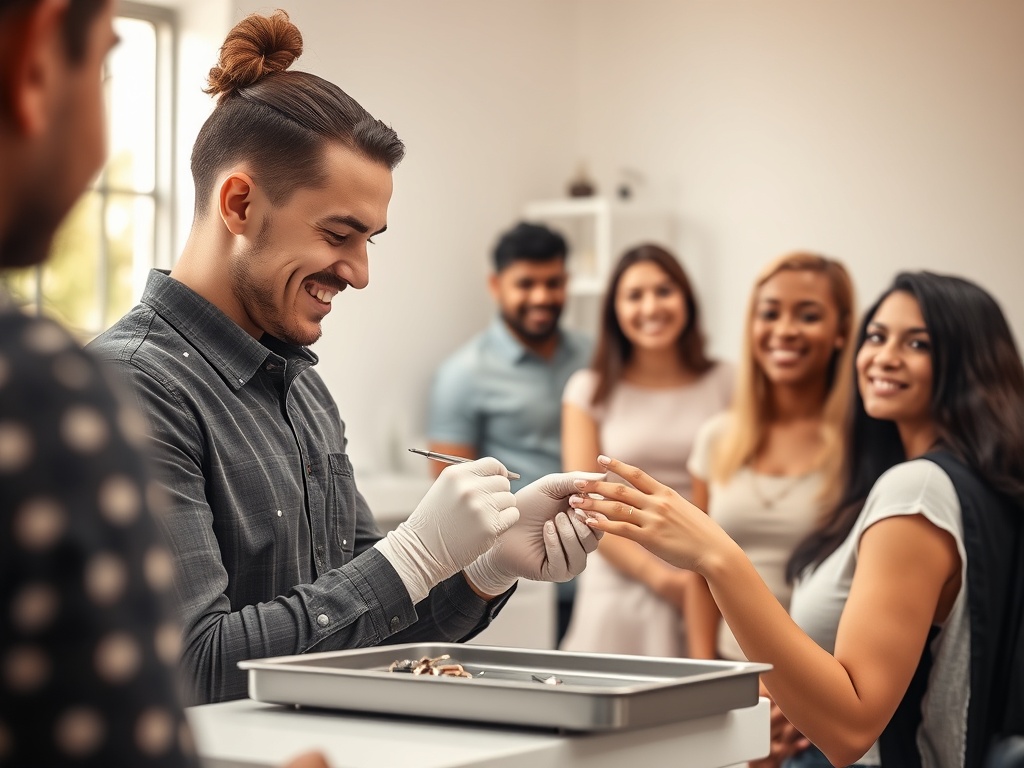 A bright studio with a calm piercer fitting high-quality jewelry on a client’s ear, sterile tools on tray, warm natural light, diverse customers smiling.