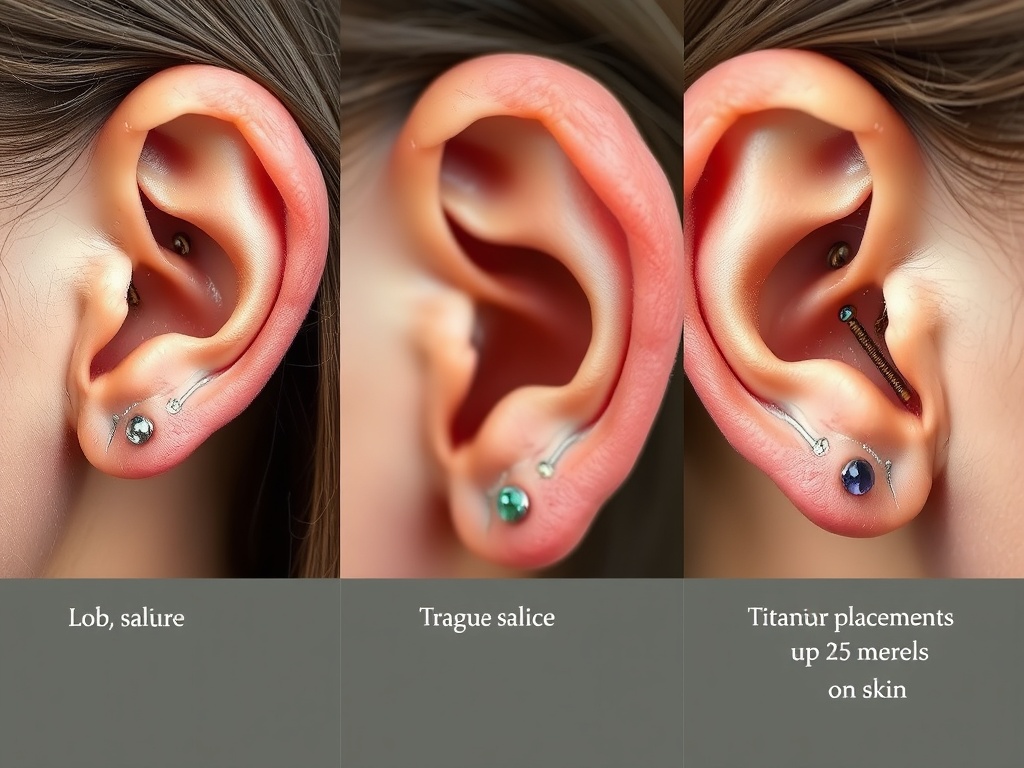 "Triptych close-up ear anatomy, showing lobe, helix, tragus, with sterile saline, titanium jewelry materials, and a piercer mapping placement dots on skin." You MAY only use up to 25 words.