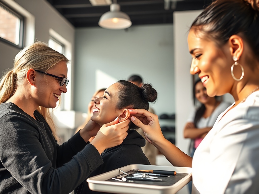 A bright studio with a calm piercer fitting high-quality jewelry on a client’s ear, sterile tools on tray, warm natural light, diverse customers smiling.