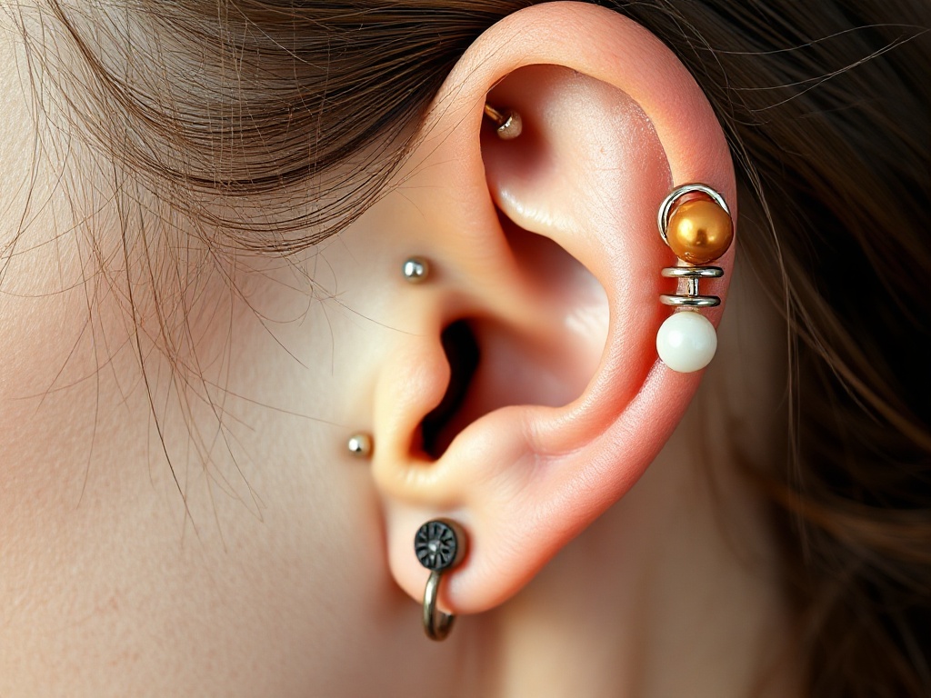 A close-up ear with varied piercings “lobe, helix, tragus, conch, rook, industrial” and subtle saline-clean care scene, soft studio lighting.