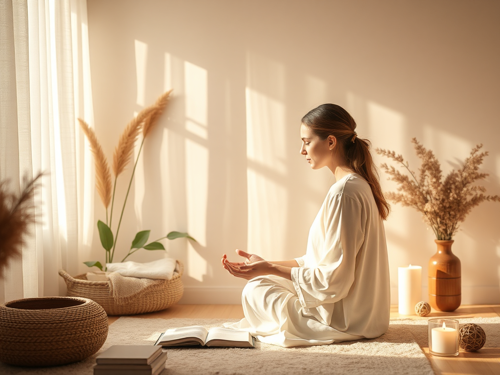 A serene, softly lit room with a gentle woman offering comforting presence, surrounded by calming nature elements, symbolizing deep emotional healing and inner peace.