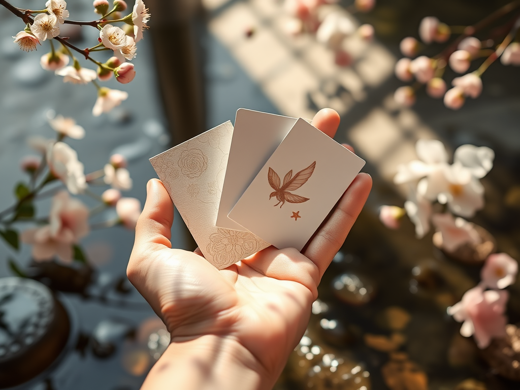"a serene, softly lit space" with "a gentle hand holding delicate, illustrated cards" surrounded by "calm nature elements like blooming flowers and flowing water" conveying "peace, healing, and emotional release."