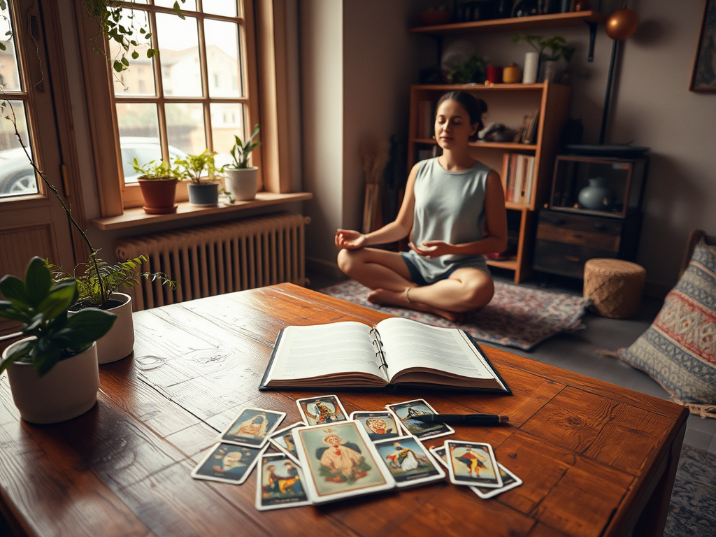 A serene, cozy room “soft warm lighting” “wooden table with scattered colorful tarot cards” “open journal with pen” “calm person meditating” “plants on windowsill” “peaceful, introspective atmosphere.”