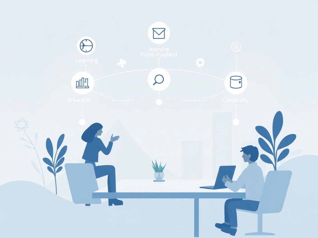 A dynamic, modular online course scene for professionals, focusing on project lifecycle from kickoff to celebration, with subtle, abstract icons representing learning, impact, and sustainability.