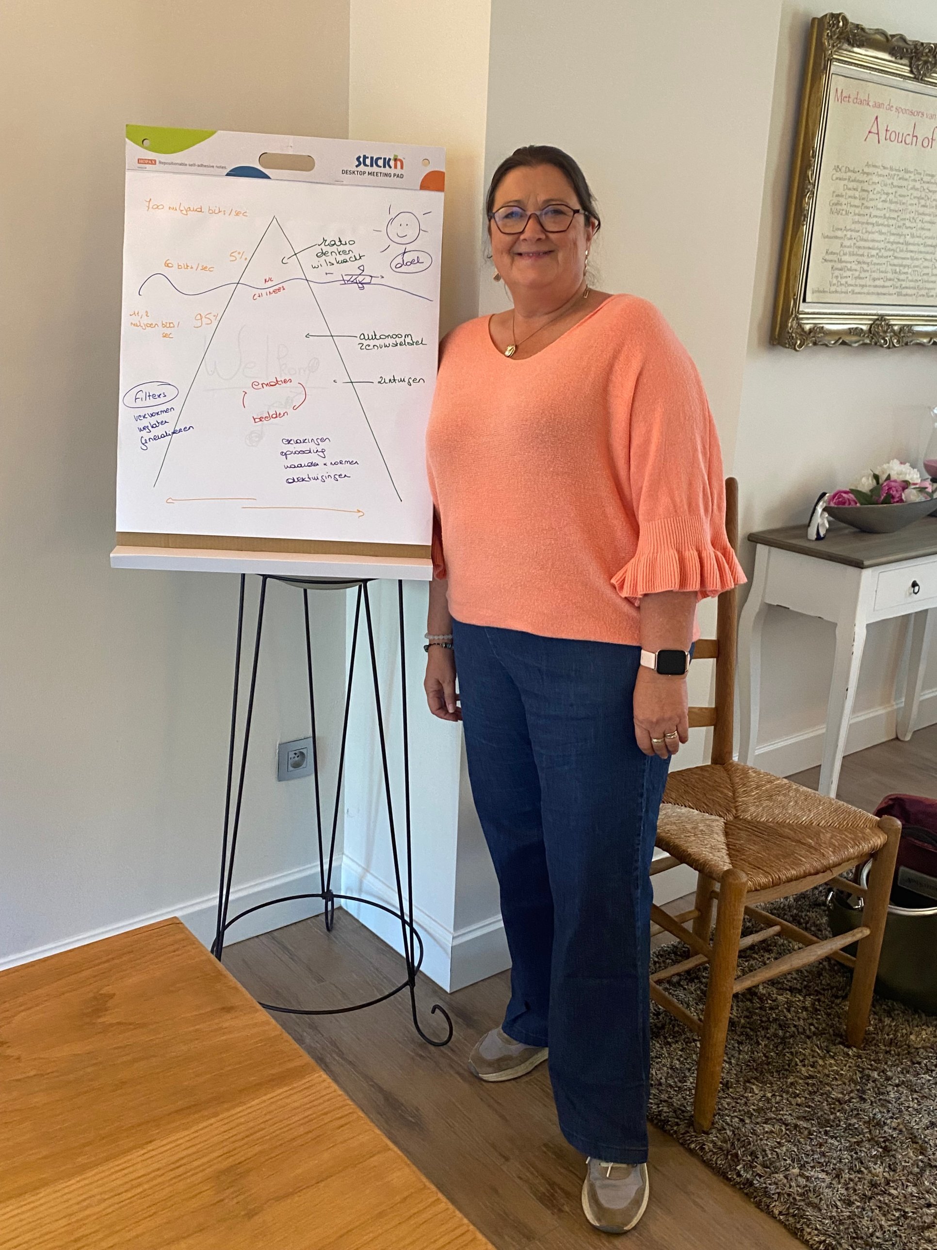 Ria Saterdag bij de flipchart tijdens een workshop bij A Touch of Rose in Bornem
