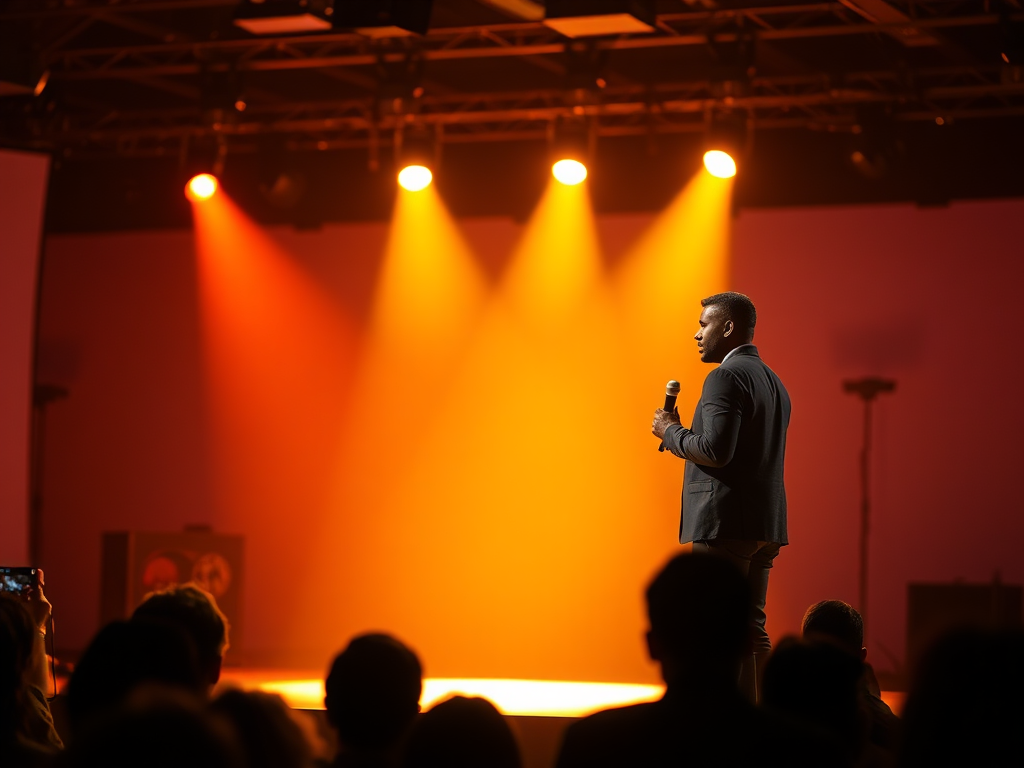 A confident speaker standing on a bright stage "audience captivated" "warm spotlight" "calm, focused expression" "open posture" "microphone in hand" "soft background with subtle silhouettes" "energized, inspiring atmosphere"