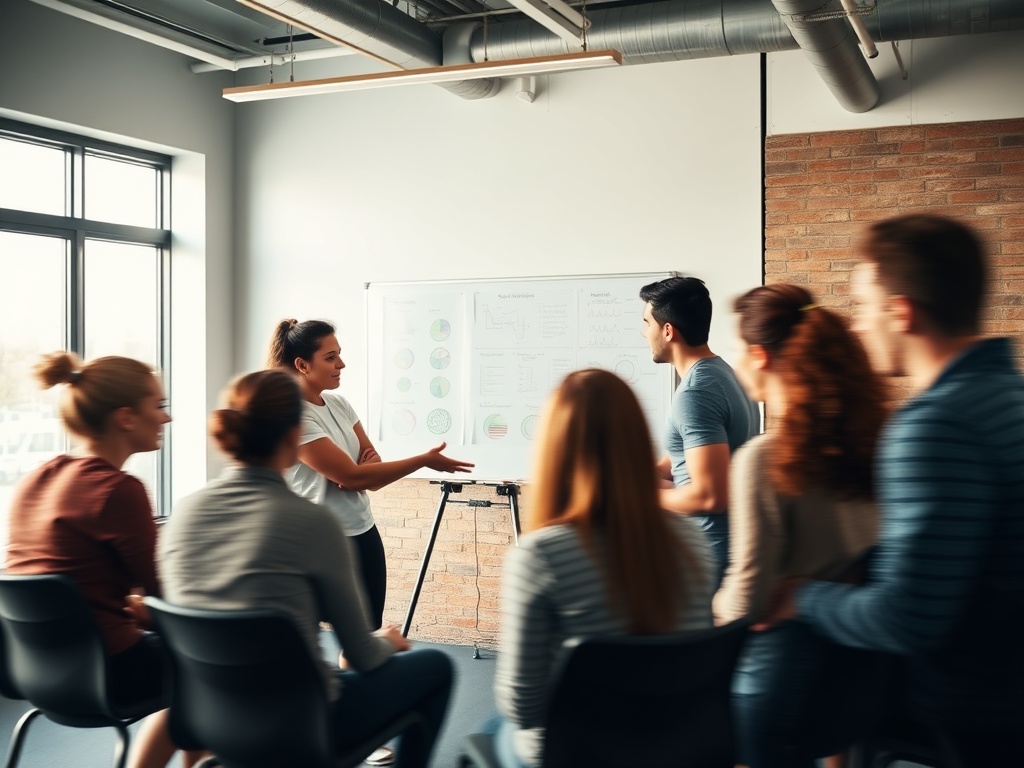 "A dynamic coaching session in a modern gym" "small diverse team gathered around a coach" "whiteboard with charts (no visible text)" "bright natural light" "warm, motivational atmosphere" "subtle motion blur showing activity"