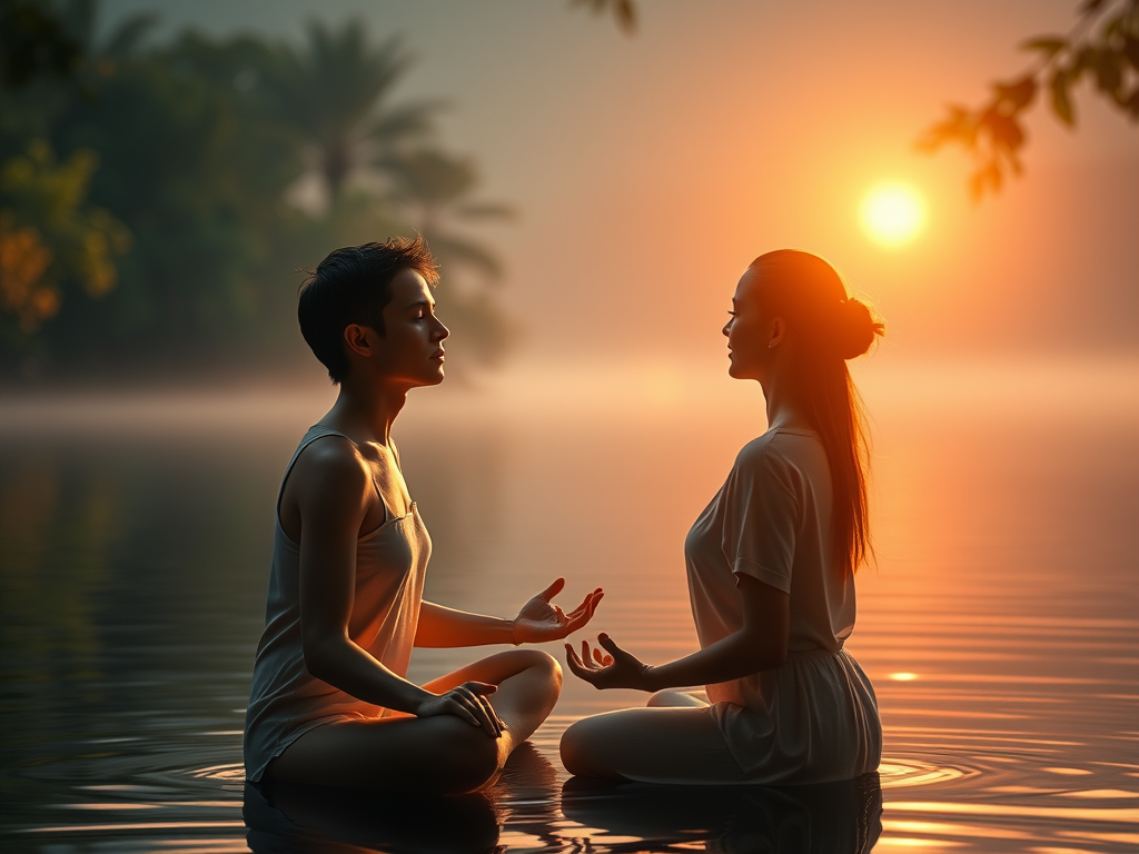 A serene person meditating peacefully "soft glowing light" "gentle nature background" "calm water reflections" "warm, soothing colors" "subtle connection between people in harmony"