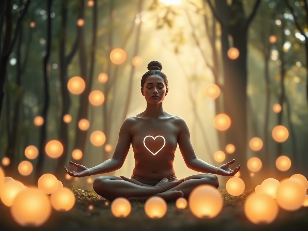 "a serene person meditating surrounded by soft glowing orbs" "calm nature background with gentle light rays through trees" "symbols of balance, heart, and communication subtly integrated" "warm, soothing color palette emphasizing peace and mindfulness"