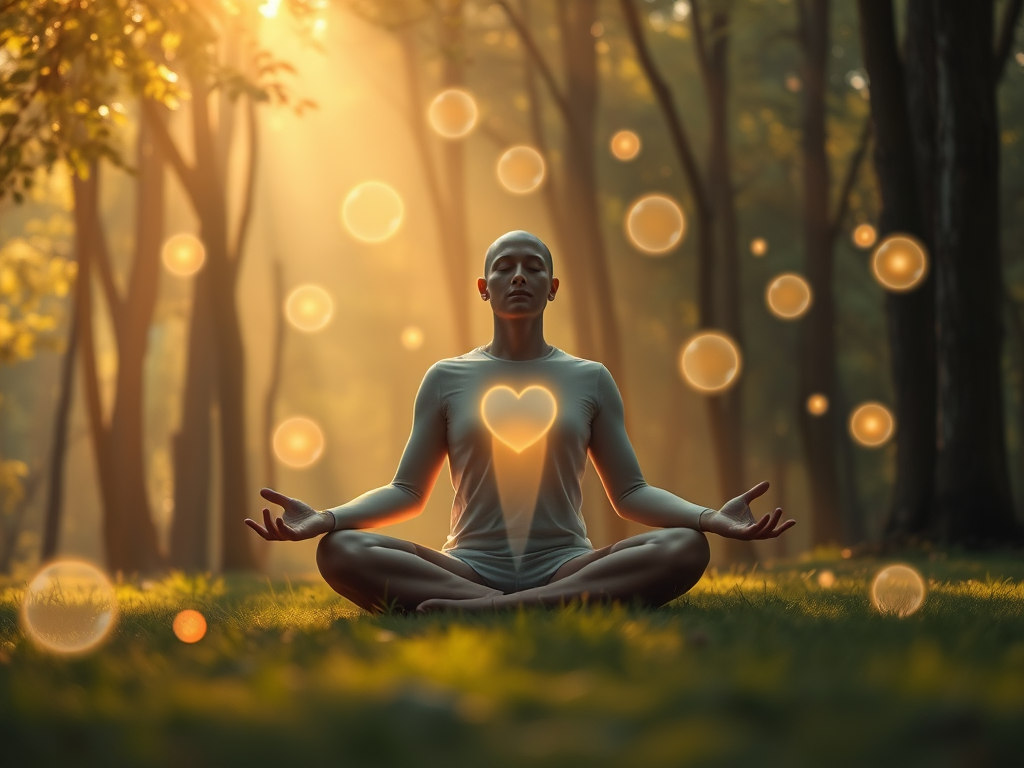 "a serene person meditating surrounded by soft glowing orbs" "calm nature background with gentle light rays through trees" "symbols of balance, heart, and communication subtly integrated" "warm, soothing color palette emphasizing peace and mindfulness"