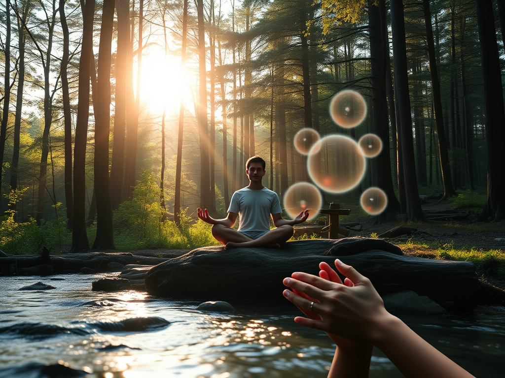 A serene scene with "a person meditating peacefully in a sunlit forest clearing," surrounded by "soft glowing orbs" symbolizing mindfulness and self-compassion, "gentle flowing water" nearby, and "intertwined hands" representing connection and empathy.