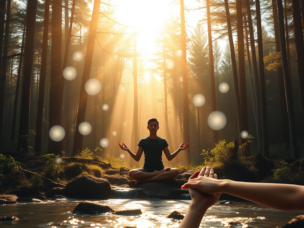 A serene scene with "a person meditating peacefully in a sunlit forest clearing," surrounded by "soft glowing orbs" symbolizing mindfulness and self-compassion, "gentle flowing water" nearby, and "intertwined hands" representing connection and empathy.