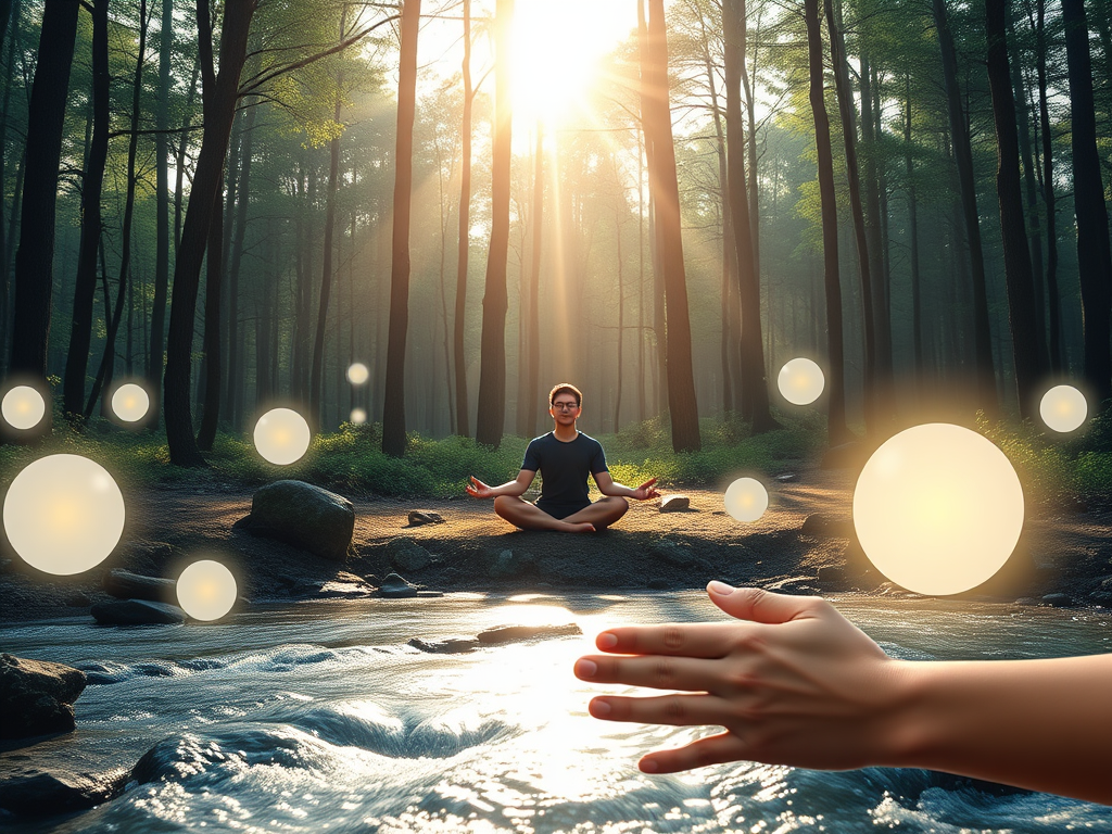 A serene scene with "a person meditating peacefully in a sunlit forest clearing," surrounded by "soft glowing orbs" symbolizing mindfulness and self-compassion, "gentle flowing water" nearby, and "intertwined hands" representing connection and empathy.