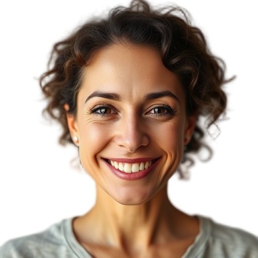 A happy mother smiling warmly at camera with soft lighting and neutral background looking like