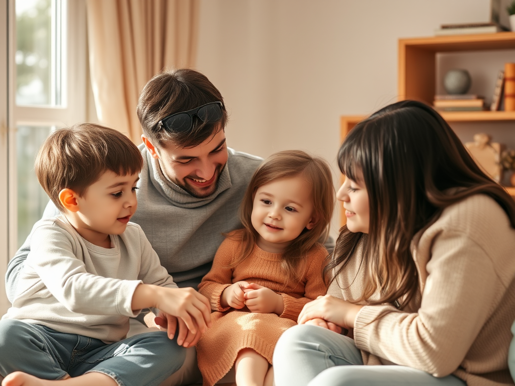 "a warm, cozy family room" "parents lovingly interacting with children" "gentle guidance scenes" "calm expressions, peaceful atmosphere" "soft pastel colors, natural light"