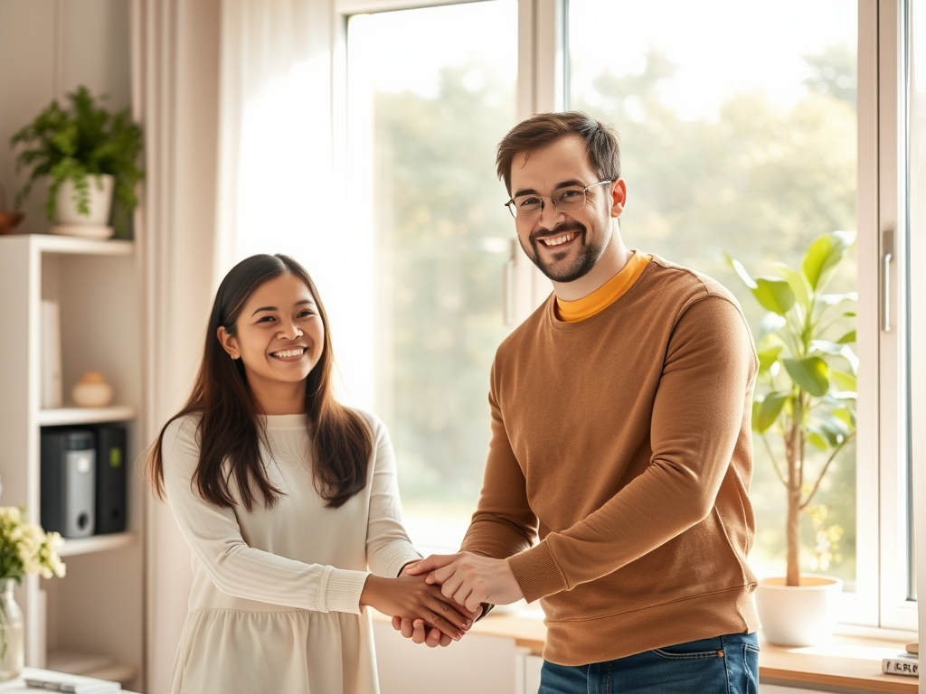 "young parents" "smiling, holding hands" "home and office background split" "warm sunlight" "calm, balanced atmosphere" "soft colors" "nature elements outside window"