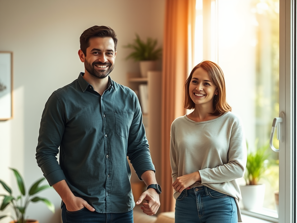 "young parents" "smiling, holding hands" "home and office background split" "warm sunlight" "calm, balanced atmosphere" "soft colors" "nature elements outside window"