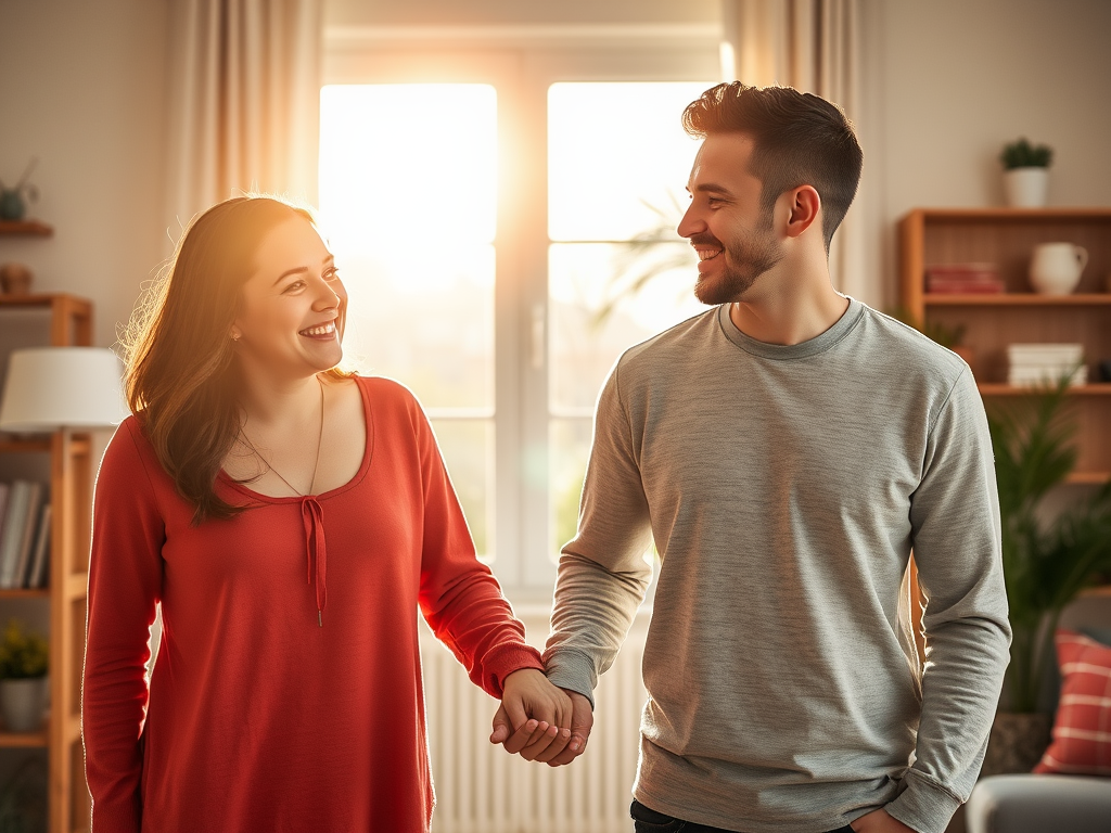 "young parents" "smiling, holding hands" "home and office background split" "warm sunlight" "calm, balanced atmosphere" "soft colors" "nature elements outside window"