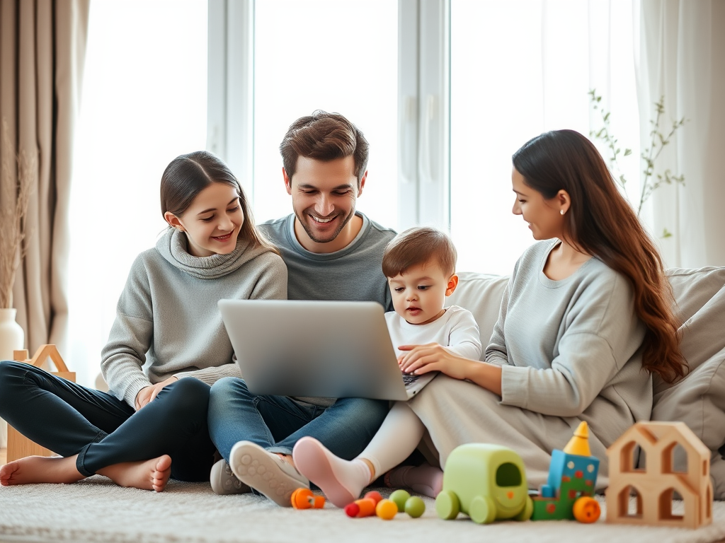 "a serene young family at home" "soft natural light filtering through windows" "a balanced workspace with laptop and child’s toys" "calm, nurturing atmosphere" "subtle warm tones"