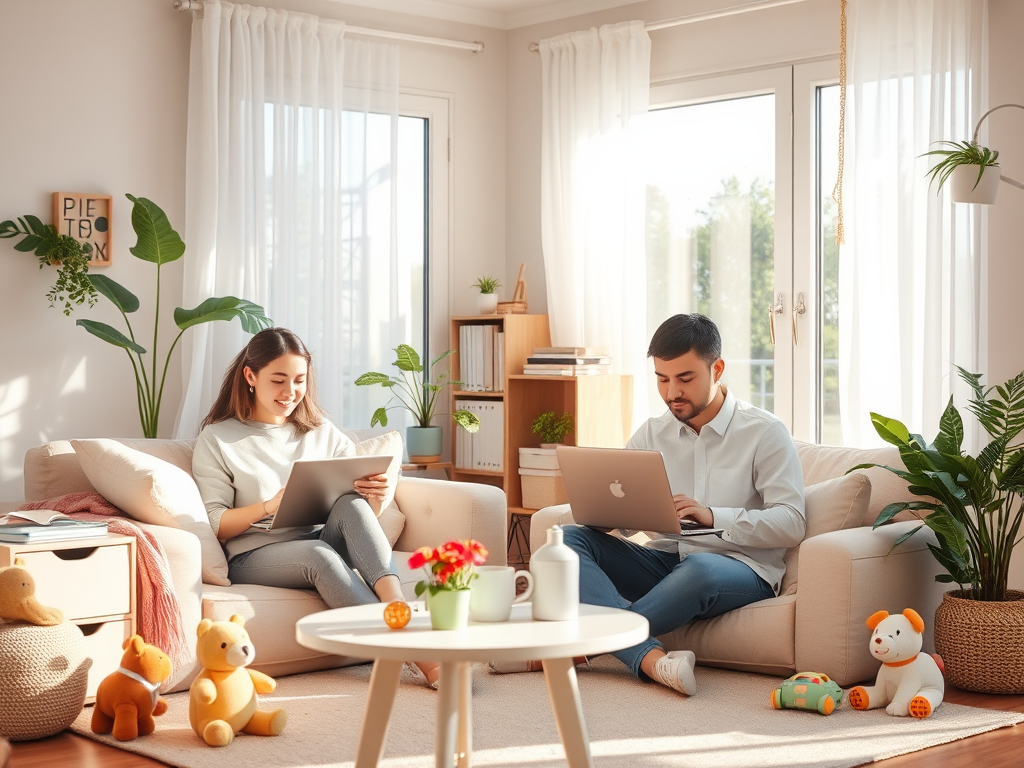 "Serene home office with soft morning light" "young parents working on laptops" "toys and baby items nearby" "calm, balanced atmosphere" "warm pastel colors" "natural plants and cozy decor". This image is intended for use as a background, so ensure a bala