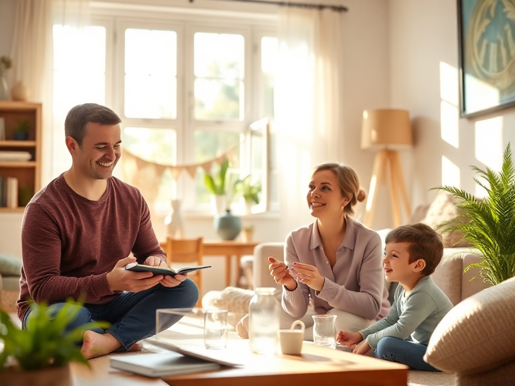 Warm sunlit living room, calm parent holding a notebook, gentle smile, child relaxed playing nearby, coaching vibe, guiding path with soft light. "