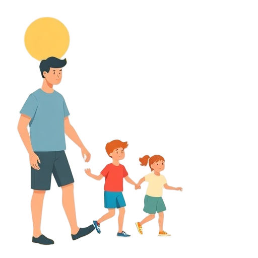 Create a close-up full-shot flat icon showing a supportive parent figure gently guiding two children in a calm summer setting, with a clear “unique selling points” vibe
