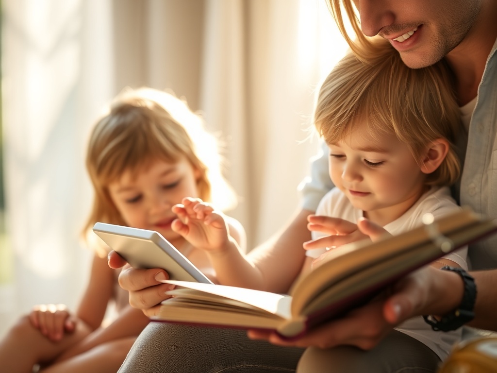 "warm summer family scene" "parent holding tablet with soft glow" "childs hands reaching" "open workbook" "calm reassuring atmosphere" "coaching light beams"