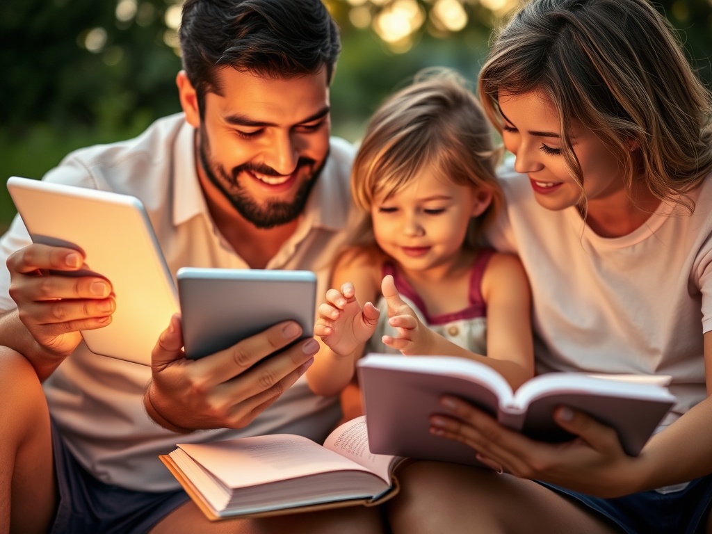 "warm summer family scene" "parent holding tablet with soft glow" "childs hands reaching" "open workbook" "calm reassuring atmosphere" "coaching light beams"