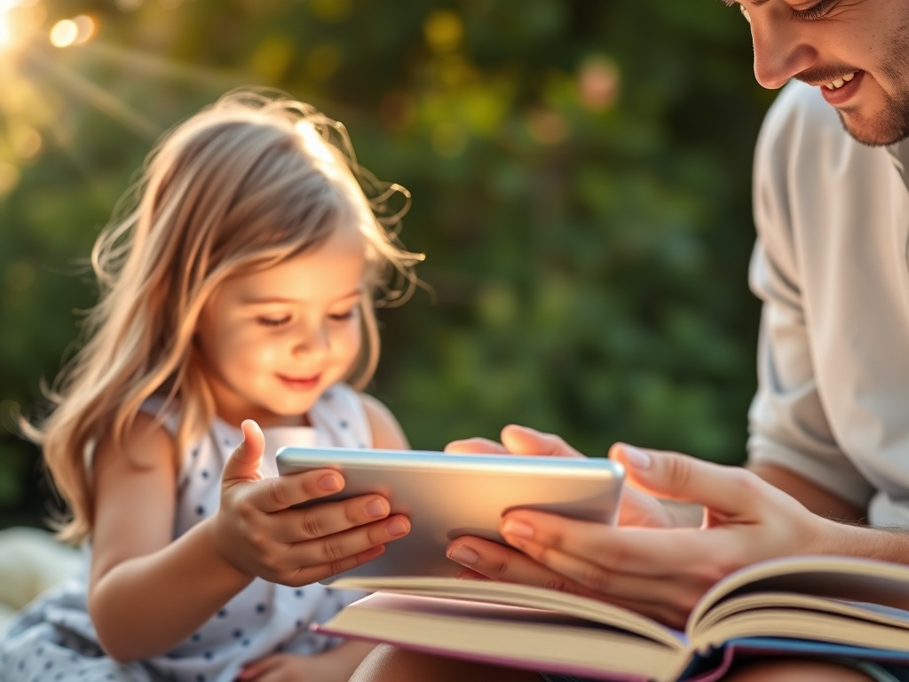 "warm summer family scene" "parent holding tablet with soft glow" "childs hands reaching" "open workbook" "calm reassuring atmosphere" "coaching light beams"