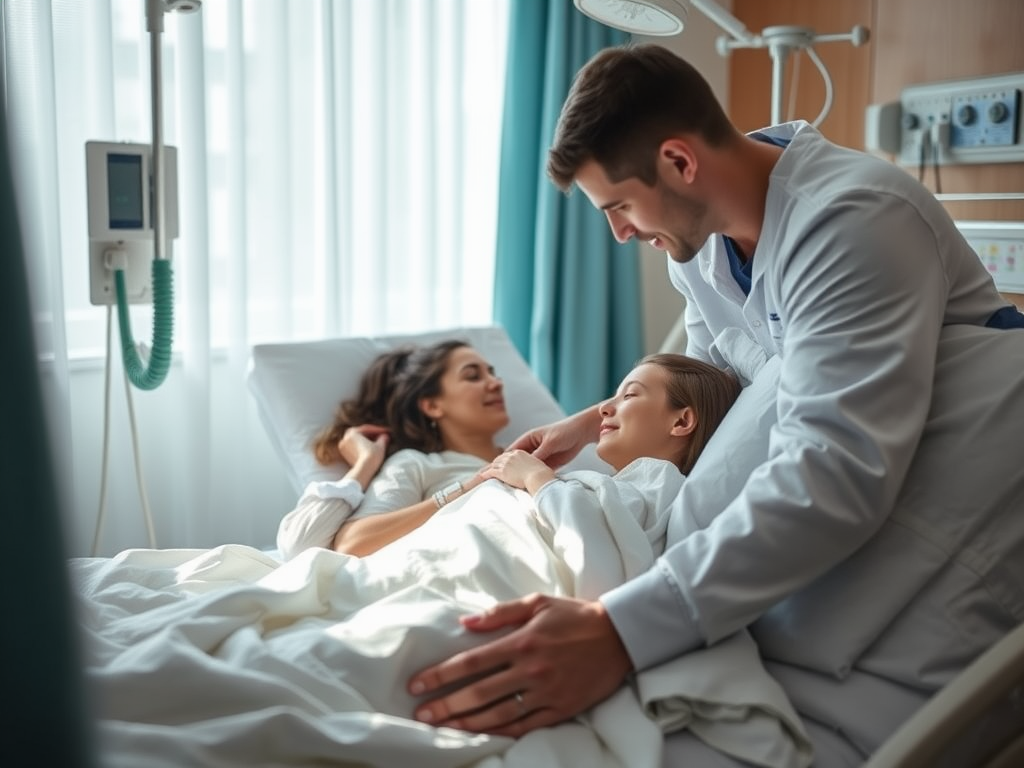 A serene hospital room "soft natural light" "a mother resting peacefully post-cesarean" "supportive partner holding her hand" "gentle medical staff nearby" "calm, healing atmosphere"