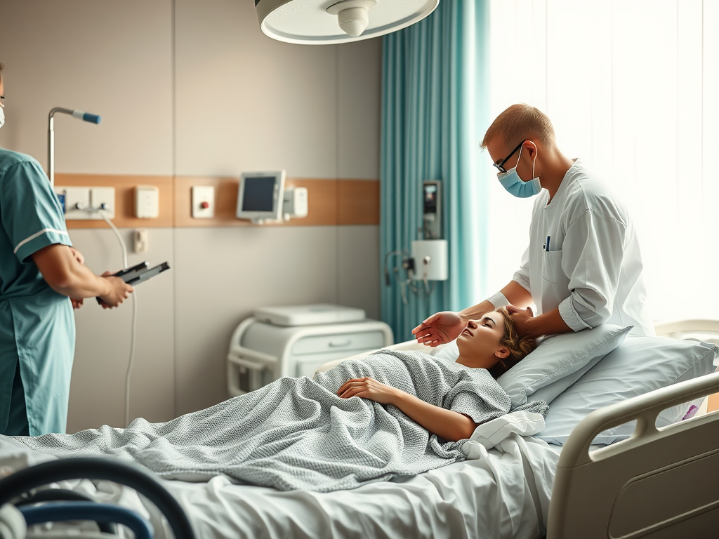 A serene hospital room "soft natural light" "a mother resting peacefully post-cesarean" "supportive partner holding her hand" "gentle medical staff nearby" "calm, healing atmosphere"