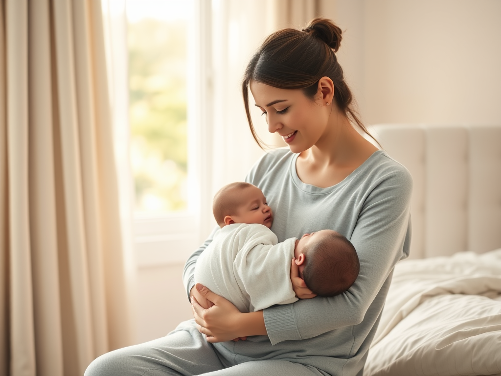 A serene mother gently holding a newborn, soft pastel colors, warm sunlight streaming through a window, peaceful bedroom scene, supportive partner nearby with comforting smile.
