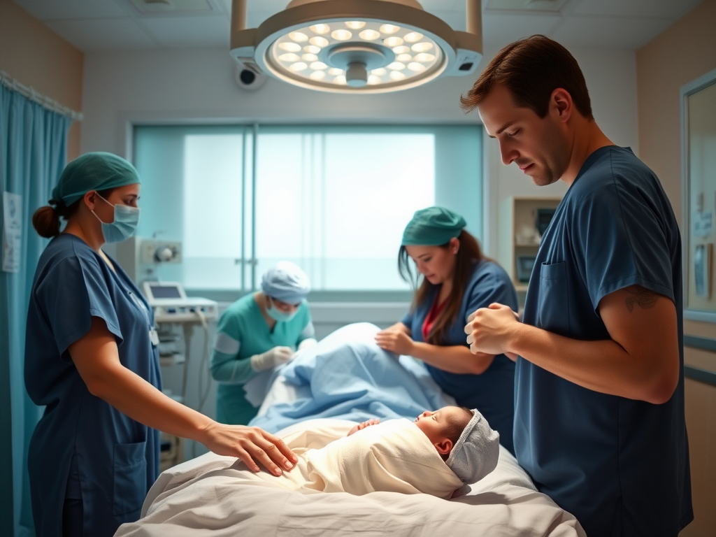 A serene hospital room with "a supportive partner holding a mother's hand" during a cesarean, "calm medical staff in scrubs," soft lighting, and newborn baby wrapped gently.