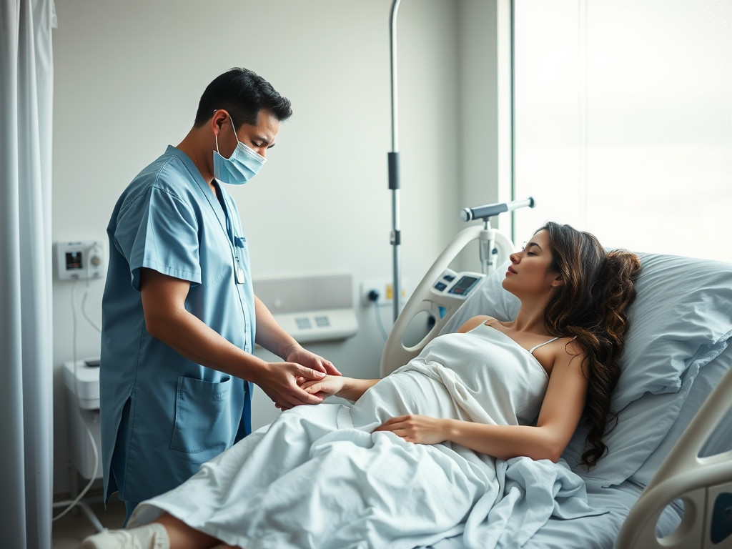 A serene hospital room "soft natural light" "a mother resting peacefully post-cesarean" "supportive partner holding her hand" "gentle medical staff nearby" "calm, healing atmosphere"