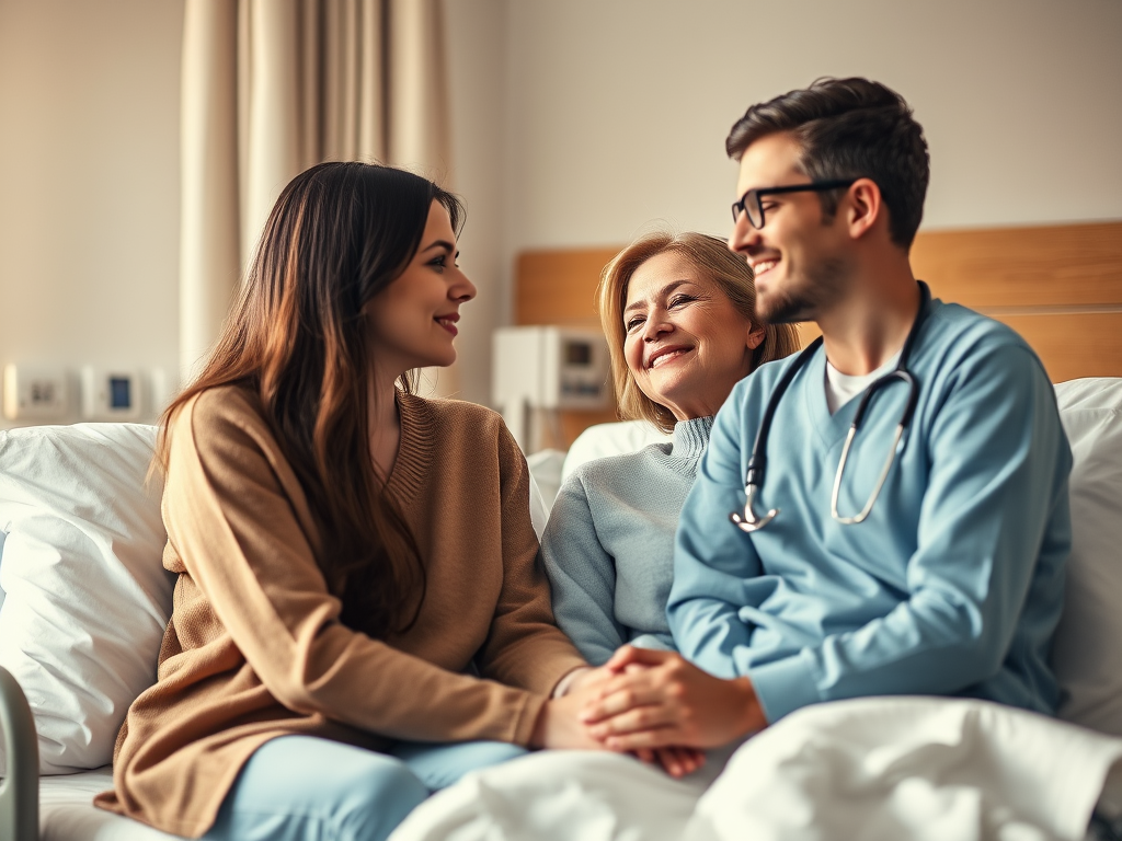 A calm, supportive couple in a hospital room, soft lighting, gentle expressions, holding hands, nurse nearby, warm colors, serene atmosphere.