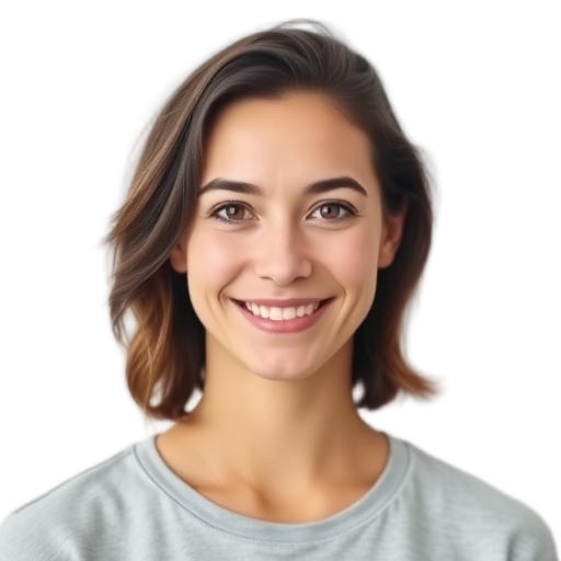 A person smiling to the camera with a white background looking like