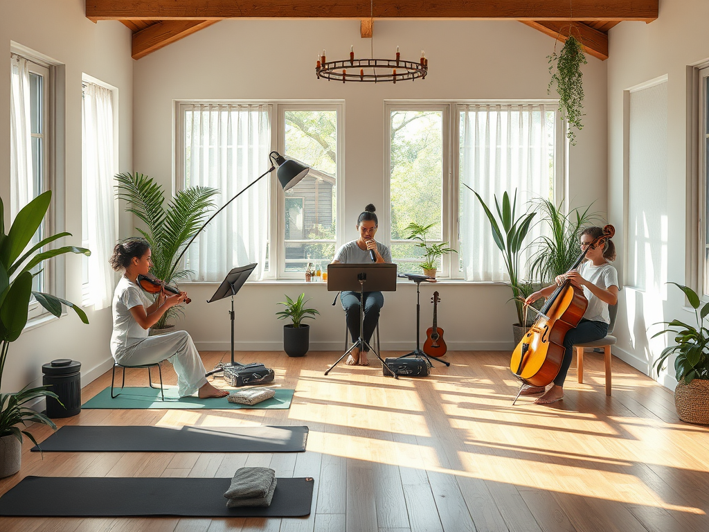 A serene music studio with "musicians" gently playing instruments, "natural light" flooding in, "calm expressions," surrounded by "yoga mats," "breathing exercises," and "soft greenery."