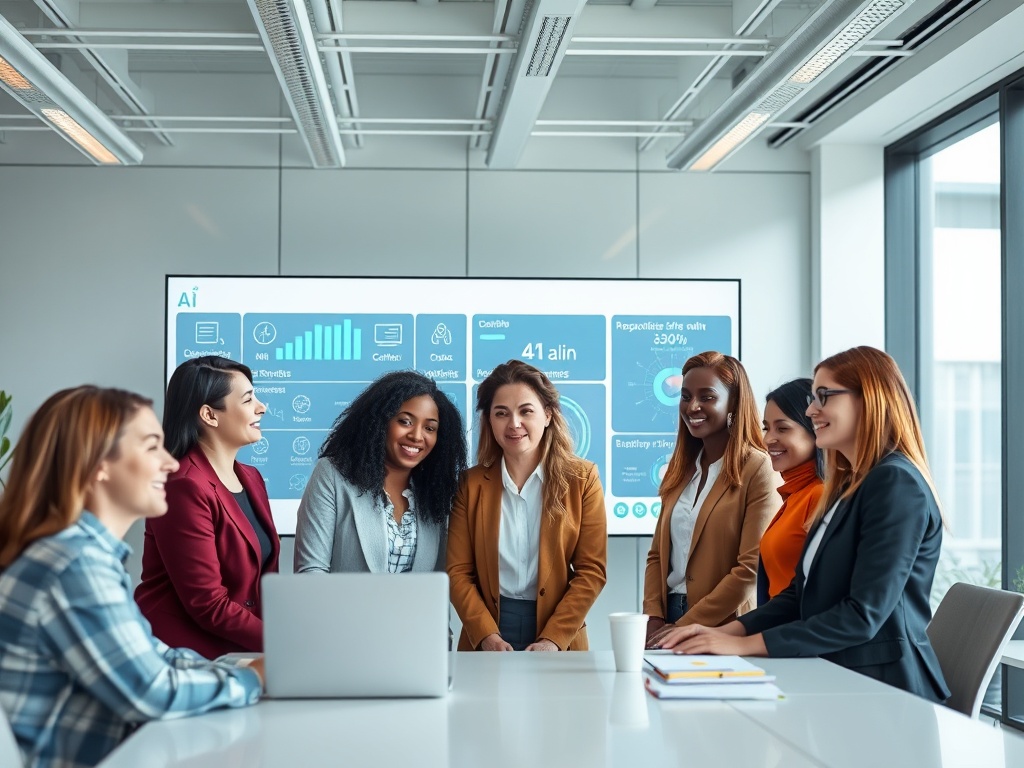 "A diverse team in a bright, modern office reviewing a sleek dashboard showing AI tools, responsibilities, and controls; subtle EU blue accents, transparent filters, uplifting atmosphere."