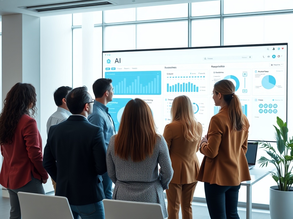 "A diverse team in a bright, modern office reviewing a sleek dashboard showing AI tools, responsibilities, and controls; subtle EU blue accents, transparent filters, uplifting atmosphere."
