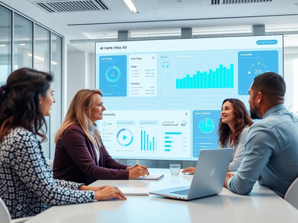 "A diverse team in a bright, modern office reviewing a sleek dashboard showing AI tools, responsibilities, and controls; subtle EU blue accents, transparent filters, uplifting atmosphere."